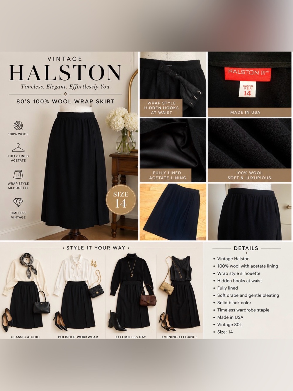 Halston -vintage 80s - 100% wool Black Wrap Skirt- lined - Picture 1 of 5